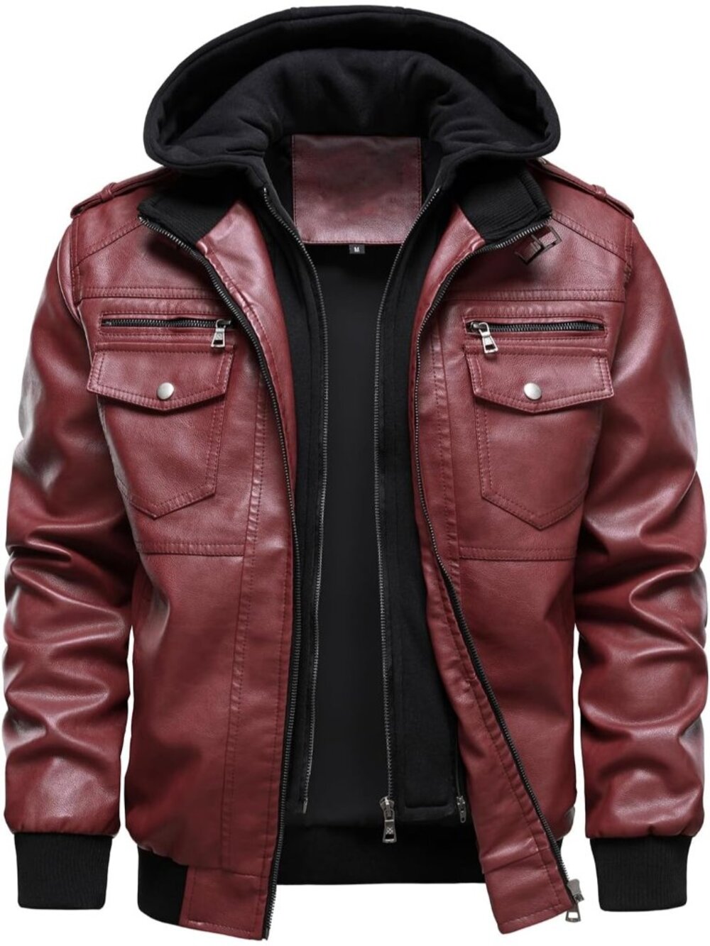 Men’s Red Windproof Removable Hood Multi-Pockets Turn Down Collar Jackets